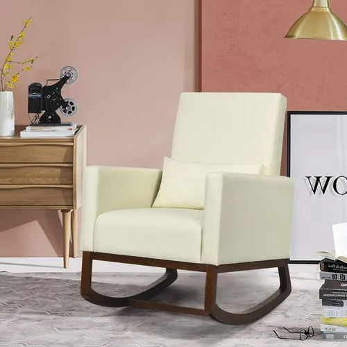 Miniatura 2 de DORTALA Mecedora tapizada de tela 2 en 1 con almohada beige