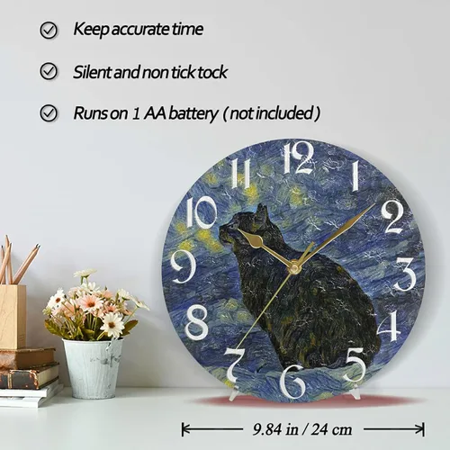 Miniatura 2 de Naanle Reloj de pared redondo con diseño de gato con pintura al óleo, Van Gogh, silencioso, sin tictac, funciona con pilas, para decoración