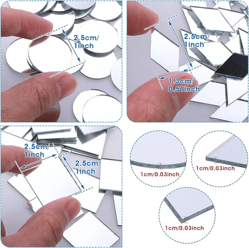 Miniatura 2 de Prasacco 120 espejos pequeños para manualidades, piezas de espejo de 3 formas para manualidades, espejo cuadrado redondo de diamante, azulejos