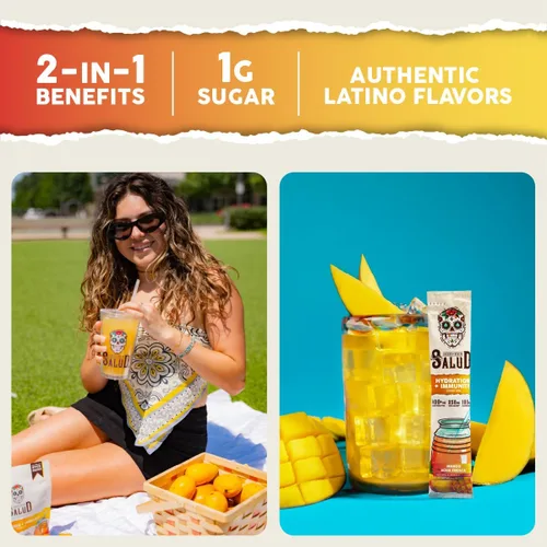 Miniatura 2 de Paquetes de Hidratación 2 en 1 Salud + Polvo de Electrolitos para la Inmunidad, Mango - Mezcla para Bebida de Agua Fresca, Baya del Saúco, Sin