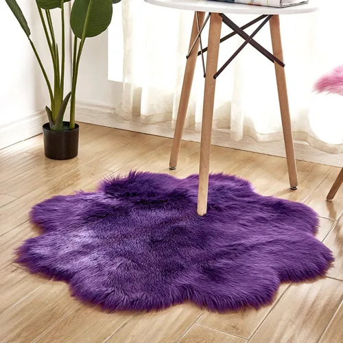 Alfombra redonda de piel de oveja sintética, suave y lanuda. Alfombra mullida para el hogar, decoración de dormitorio, Púrpura (Flower Purple)