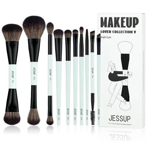 Jessup Juego de brochas de maquillaje, 10 piezas, doble cara para base, contorno, rubor, iluminación, mezcla de cejas, sombra de ojos, delineador de