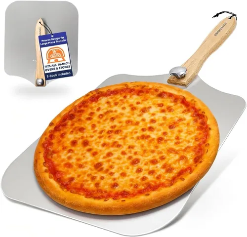 Pala de Pizza Grande de 16 Pulgadas - Juego de Pizza de Metal Extra Grande con Cortador de Pizza Mecedora de Acero Inoxidable de 14 Pulgadas, Pala
