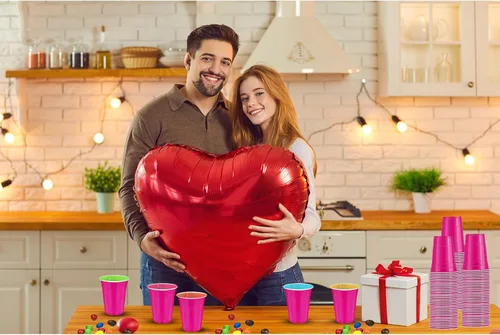 Miniatura 3 de 120 piezas 16 onzas vasos de plástico rosa para el Día de San Valentín, vasos de plástico rosa intenso para fiestas, vasos para bebidas, Rosa fuerte