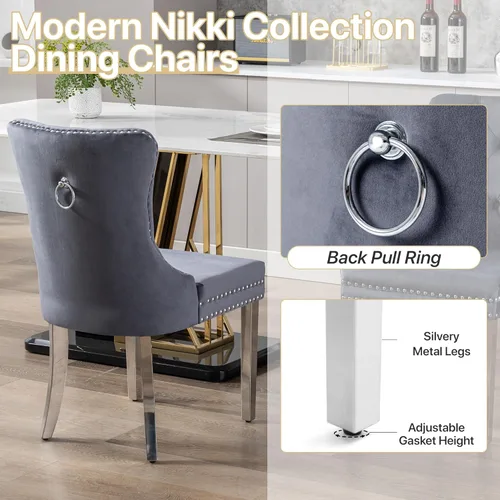 Miniatura 5 de Sillas de Comedor de Terciopelo Juego de 4, Colección Nikki Sillas de Comedor con Patas de Acero Inoxidable Plateado y Anilla, Silla Lateral de Lujo