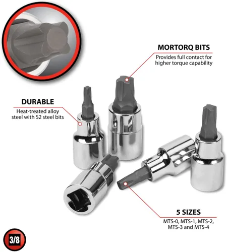 Miniatura 2 de Juego de enchufes de brocas Mortorq de Performance Tool W13500, 5 piezas - Kit de brocas Torx de grado profesional para aplicaciones automotrices e