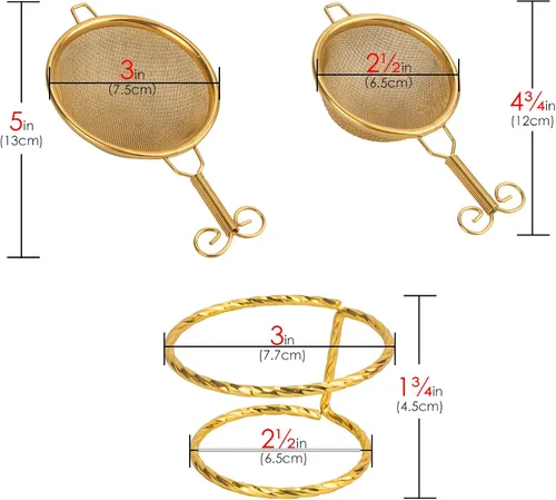 Miniatura 5 de 2 coladores de té, (colador de té pequeño, colador grande) con un soporte, colador de malla fina de acero inoxidable (dorado)