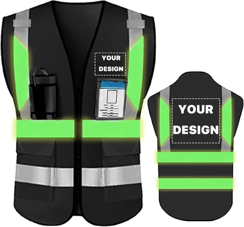 Chaleco de seguridad de alta visibilidad reflectante con bolsillos y cremallera personalizado su logotipo ropa de trabajo de seguridad negro