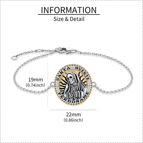 Miniatura 5 de YAFEINI Pulsera de plata de ley 925 con dije de muerte de Santa Muerte para mujer, Plata de ley Plata, Sin gemas.