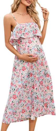 Vestido de maternidad para mujer, con tirantes delgados, floral, con volantes, cintura alta, sin espalda, plisado, para baby shower