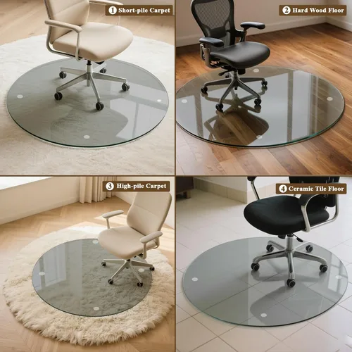 Miniatura 5 de Tapete para silla de 46 x 46 pulgadas – Vidrio templado redondo resistente para suelo duro, tapete para silla de oficina, suelo de computadora con 4