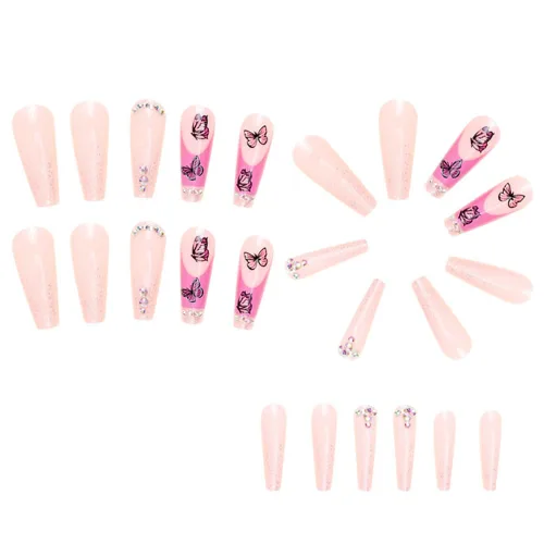 Miniatura 3 de 24 uñas acrílicas a presión, uñas postizas largas con diseños de mariposa rosa, diamantes de imitación, polvo de purpurina, punta francesa