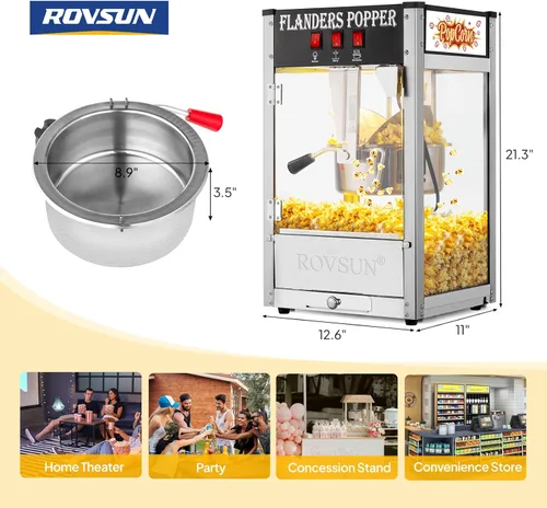 Miniatura 7 de Máquina de palomitas de maíz ROVSUN con hervidor de 8 onzas, hace hasta 32 tazas, máquina de palomitas de maíz comercial para mostrador, con cuchara
