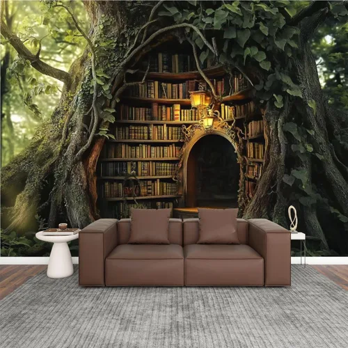 Miniatura 10 de Murales modernos para papel pintado 3D petrificado árbol arroyo ambiente antiguo oculto estantería abierta libro abierto despegar y pegar