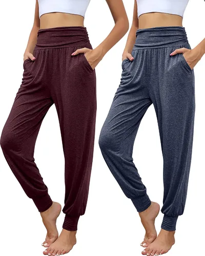 Paquete de 2 pantalones deportivos de yoga para mujer, cómodos pantalones deportivos con bolsillos, casuales, holgados, cómodos, de cintura alta