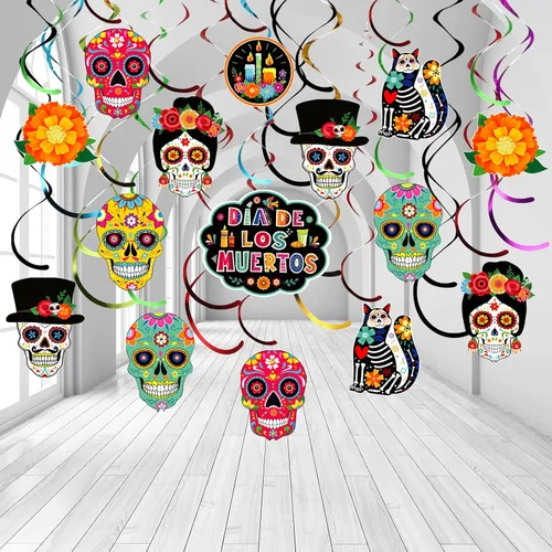 Decoraciones del Día de los Muertos, decoración de remolinos colgantes de calavera de azúcar, decoración del día de los muertos, decoración para