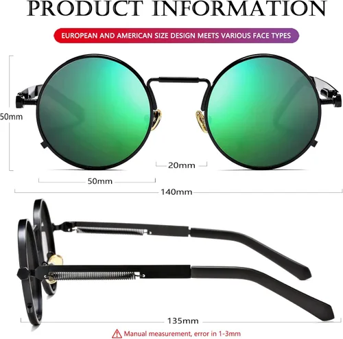 Miniatura 6 de AIEYEZO Gafas de sol redondas Steampunk Circle Lennon Gafas de sol góticas marco de metal 100% lente de bloqueo UV