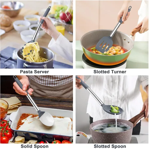 Miniatura 4 de TeamFar Juego de utensilios de cocina de silicona, 5 utensilios de cocina a prueba de calor con mango de acero inoxidable, girador/cuchara/servidor