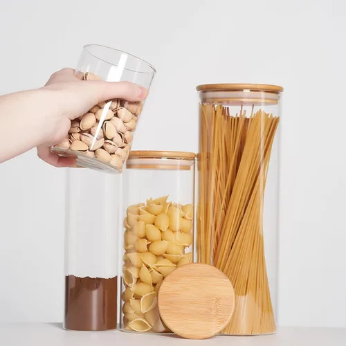 Miniatura 7 de SHOWIN Tarros de almacenamiento de pasta de vidrio de 73 onzas, tarros altos de vidrio con tapas de bambú, contenedor de espagueti, juego de 3