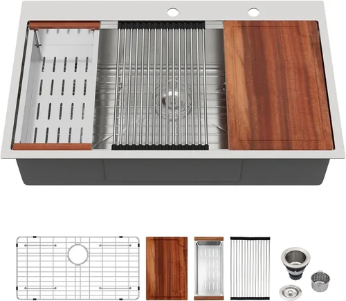 Miniatura 34 de Logmey Fregadero de cocina negro 33x22 empotrable, estación de trabajo de fregadero de cocina, SUS304 calibre 16 acero inoxidable, tazón individual