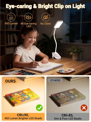 Miniatura 5 de Lámpara con Pinza, 9 Niveles de Brillo + 5 Colores Luz con Abrazadera, Lámpara de Escritorio Recargable con Batería de 4000mAh con Pinza, 450