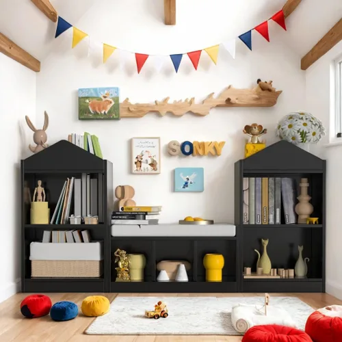 Miniatura 6 de MHOM Estantería infantil de 68.9 pulgadas con rincón de lectura, organizador de almacenamiento de juguetes con cojín de asiento y 7 cubos