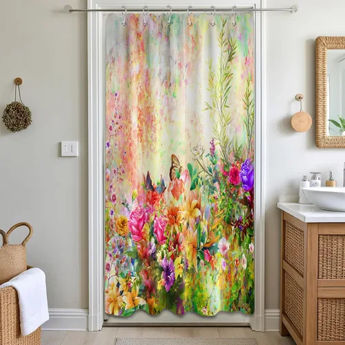Miniatura 22 de Cortina de ducha floral para primavera y verano, flores silvestres, flores y mariposas, decoración de baño, tela impermeable con ganchos, 70