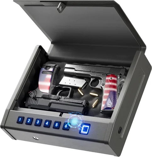Grimtron Caja fuerte biométrica resistente para pistola de 8.2 libras, caja fuerte para pistolas de acceso rápido con 100 huellas dactilares,
