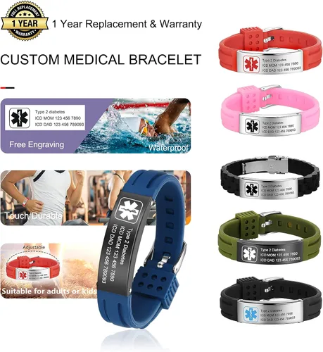 Miniatura 5 de Pulsera personalizada de silicona, pulsera médica deportiva de identificación de emergencia para hombres, mujeres y niños, grabado gratuito