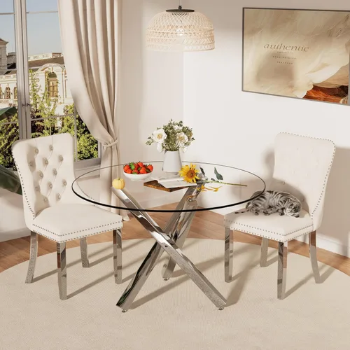 Miniatura 30 de Juego de mesa de comedor redonda de cristal moderno de mediados de siglo para 4, juego de vajilla circular de lujo plateado de 5 piezas, juego