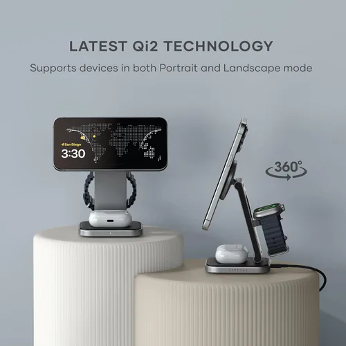 Miniatura 3 de Satechi Cargador inalámbrico 2 en 1, soporte de carga inalámbrica dual Qi2 de 15W, magnético, estación de carga de viaje plegable para iPhone