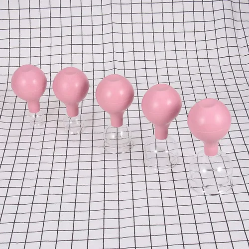Miniatura 3 de Masaje corporal de goma y vidrio de ventosas al vacío tazas de ahuecamiento corporal chino 5pcs (rosa)