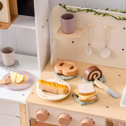 Miniatura 6 de ROBOTIME Juego de Comida de Juguete de Madera para Cortar Pan, Juguete de Comida de Simulación para Cocina de Juguete con Bolsa de Compras