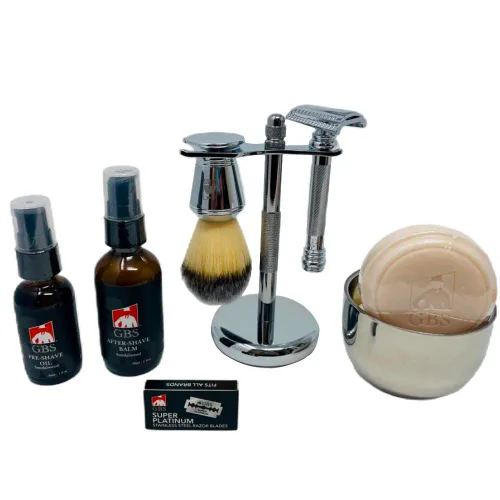 G.B.S Kit de afeitado para hombre, maquinilla de afeitar de doble filo y soporte para brochas, cuenco de afeitar, jabón y cuchillas de afeitar DE,