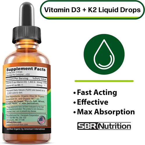 Miniatura 2 de SBR Nutrition Máxima absorción, vitamina D3 + K2 (MK-7) gotas líquidas con aceite MCT, sabor a menta, ayuda a apoyar huesos fuertes y corazón