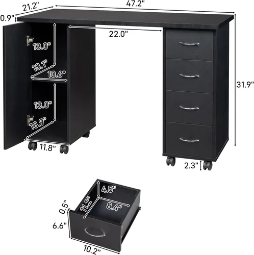 Miniatura 3 de Mesa de manicura con ruedas, estación de trabajo de salón de belleza moderna, mesa de arte de uñas con 4 cajones y gabinete grande para tecnología