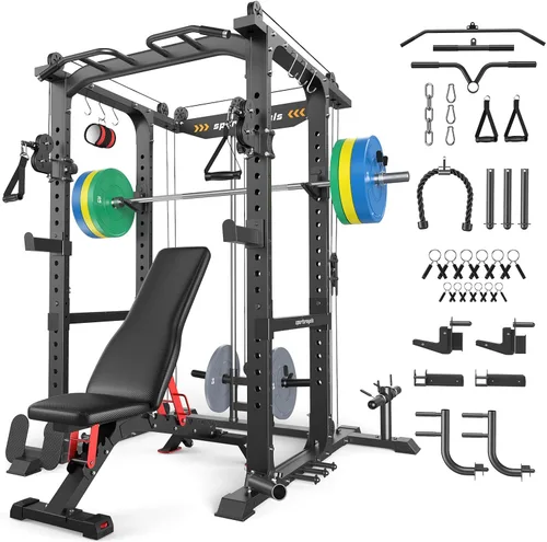 Miniatura 33 de Sportsroyals Jaula de Potencia, Rack de Potencia Multifuncional de 1600 libras con Sistema de Cruce de Cable Ajustable y Más Accesorios de Azul