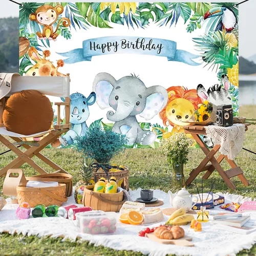 Miniatura 8 de Renaiss Cartel de feliz cumpleaños de 6 x 3.6 pies, decoración de fiesta infantil de animales salvajes de safari, selva tropical, decoración
