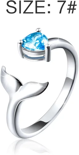 Miniatura 5 de S925 Sterling Sliver Dolphin Mermaid Tail Ring Love Heart Blue Cubic Zirconia Open Ring,7#