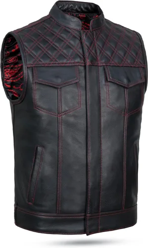 Miniatura 7 de Leatherick Mens Black Motorcycle Vests - Top Grain Cow Leather SOA Club & Traditional Paisley Satin Liner Leather Biker Vests Negro (sin cuello)