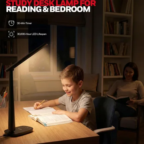 Miniatura 7 de Honeywell Lámpara de escritorio LED para oficina en casa, luz de lectura regulable con 4 modos de color, control táctil, puertos de carga USB-A