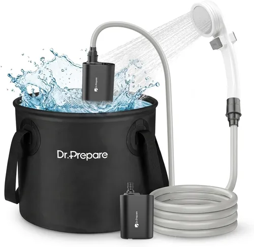 Miniatura 10 de DR.PREPARE Ducha portátil para acampar, ducha de camping con cubo plegable de 4.5 galones, batería recargable USB, 2 cabezales de ducha, duchas