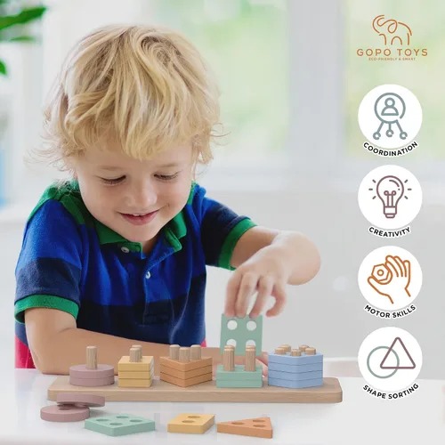Miniatura 3 de GOPO TOYS Juguetes Montessori para niños de 1 año - Clasificador de formas de madera y rompecabezas apilables - Aprendizaje de niños pequeños