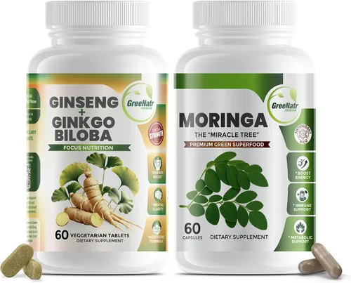 GreeNatr Focus an Energy Bundle Ginseng + Ginkgo Biloba Tabletas + Cápsulas de Moringa Oleifera - Potenciador de energía tradicional y sacapuntas