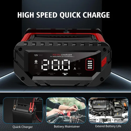 Miniatura 9 de Cargador de batería de coche de 20 amperios, cargador automotriz inteligente de 12 V/24 V, mantenedor de batería, cargador de goteo para automóvil
