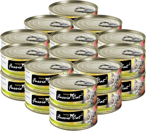 Miniatura 13 de Fussie Cat Comida húmeda prémium de atún y gambas en Aspic sin granos para gatos, 2.82 onzas, caja de 24