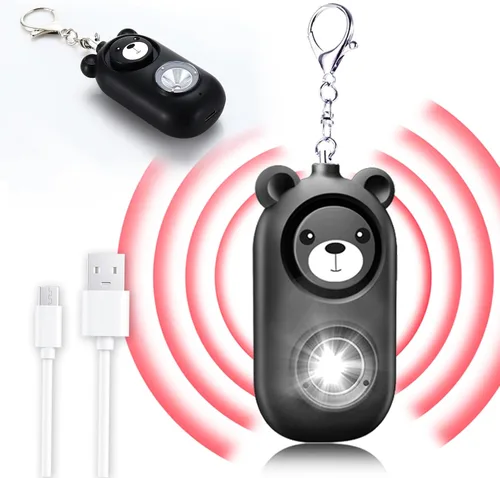 Miniatura 2 de Llavero de alarma de seguridad personal con luz LED, alerta de emergencia de 130 dB, diseño de oso recargable para mujeres, niños y niñas