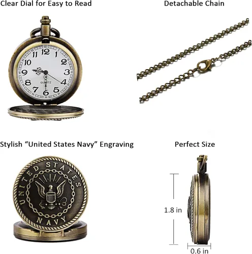 Miniatura 4 de JewelryWe Reloj de bolsillo retro de bronce para hombre, reloj de cuarzo de veteranos del Cuerpo de Marines de los Estados Unidos para Navidad
