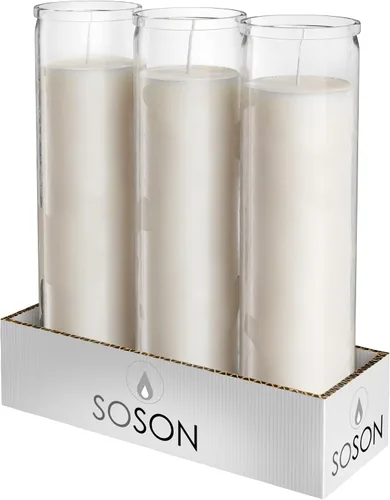 Simply Soson - Velas de pilar blancas de 2x8 pulgadas de 7 días en vidrio, juego de 3, hasta 90 horas de tiempo de quemado, sin fragancia, velas de