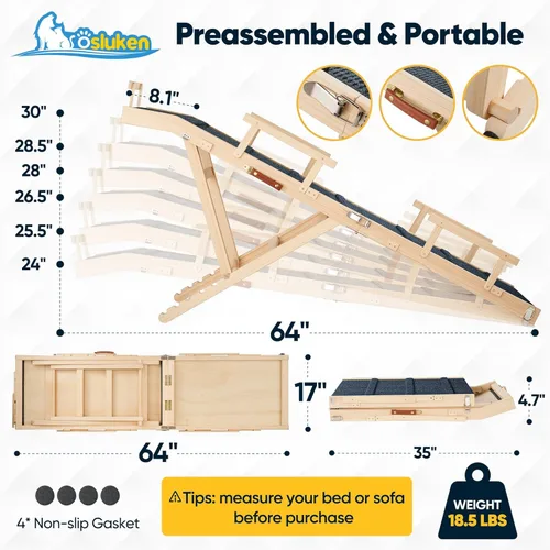 Miniatura 5 de Rampa para perros para cama con rieles, rampa plegable para mascotas de 64 pulgadas de largo para perros pequeños y grandes, rampas para perros